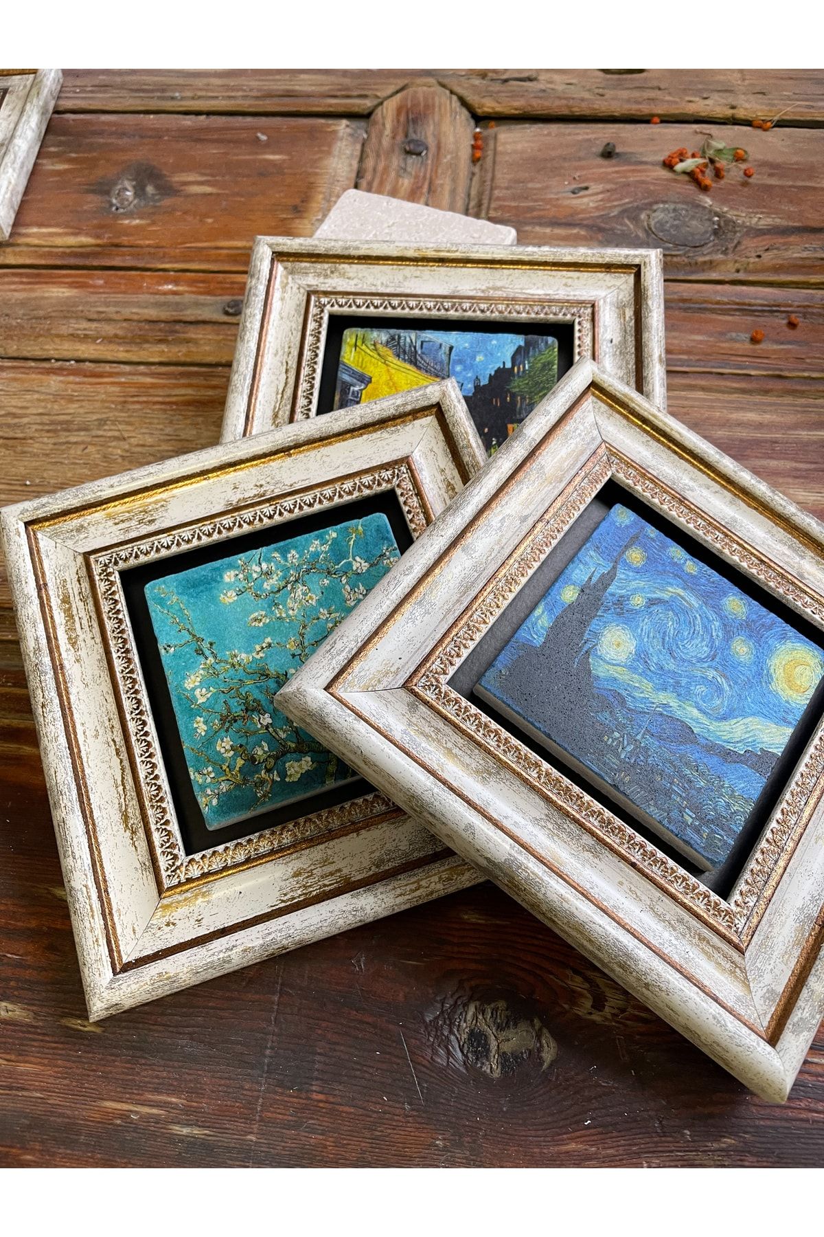 Oscar Stone Decor Çerçeveli Taş Duvar Dekoru Tablo 3'lü Set 20x20cm Vincent Van Gogh Yıldızlı Gece GX11970