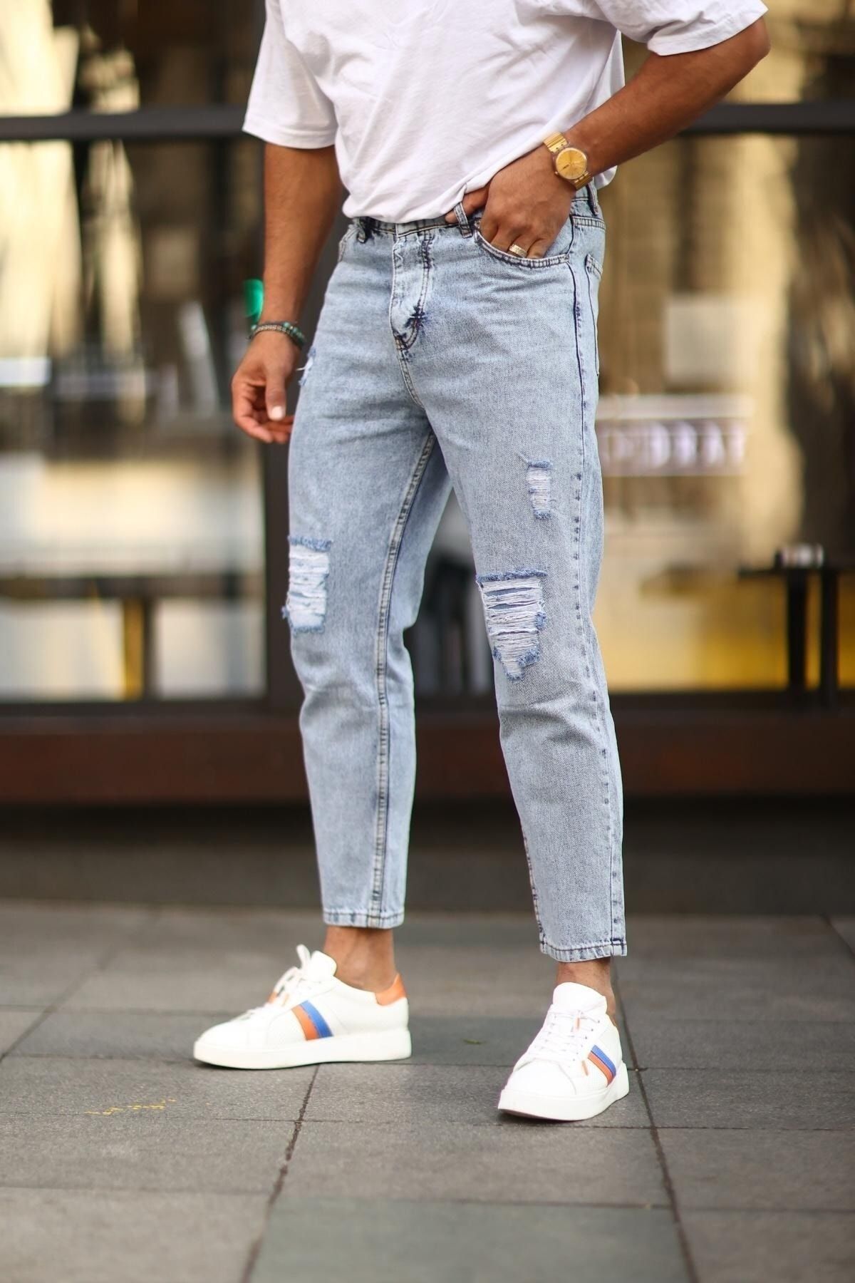 Fusem Erkek Yırtıklı Boyfriend Mavi Kot Pantolon