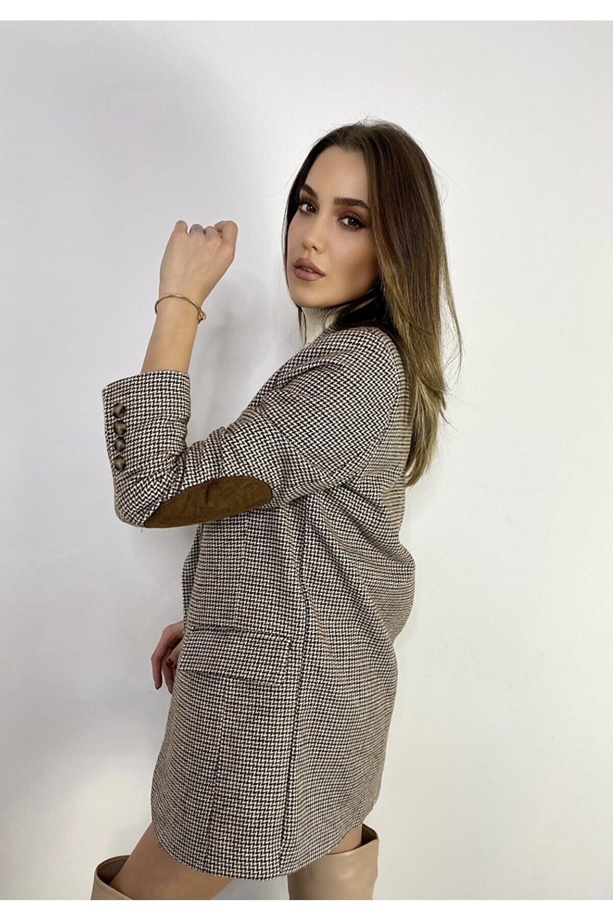 Lady Pixie  Kahverengi Astarlı Dirsek Detaylı Tek Düğme Kruvaze Blazer Ceket - Görsel 6