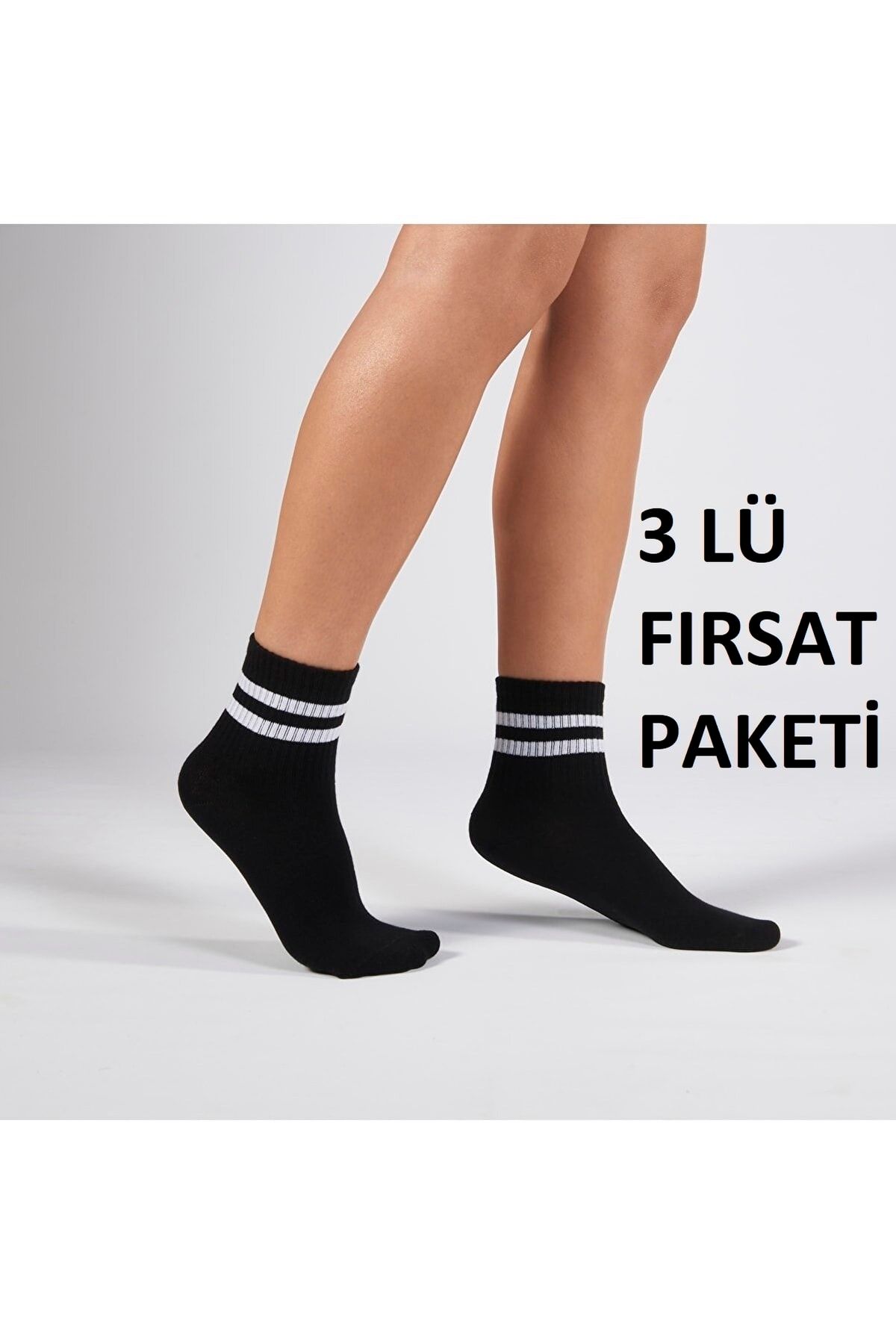Boubon Co 3 Lü Paket Siyah-beyaz Çizgili Spor Tenis Çorap Unisex Kadın - Erkek
