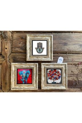 Çerçeveli Taş Duvar Dekoru Tablo 3'lü Set 20x20cm Fatma Ana Eli Fil Nar Ağacı 3CDD-40-394