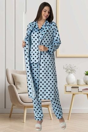 Carpediem 1552 Puantiyeli Saten Mavi Sabahlıklı Lohusa Pijama Takımı MCT1552