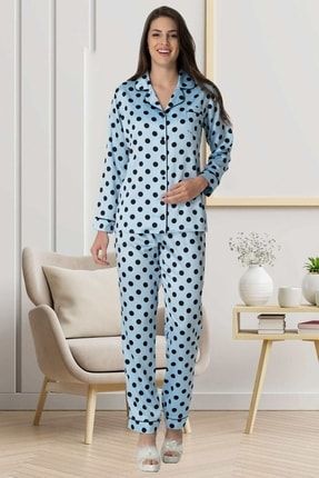 Mavi Puantiyeli Saten Pijama Takımı mc-1550