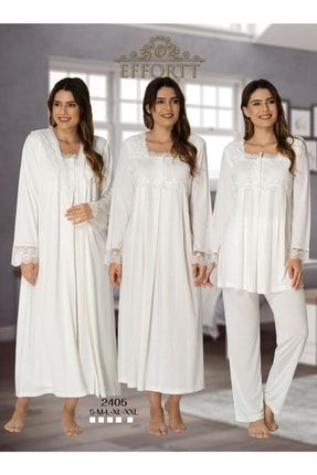 Kadın Beyaz Hamile Lohusa Gecelik Sabahlık Pijama Takımı 4'lü Set 2405-1