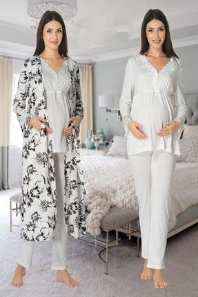 Effort Kadın Ekru Uzun Kollu Lohusa Hamile Pijama Takımı Sabahlık Set 8094 KKTS8094