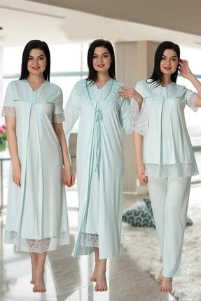 Effortt 5046 Turkuaz Güpür Sabahlıklı Lohusa Hamile 4'lü Set TXB3C9AB9D920