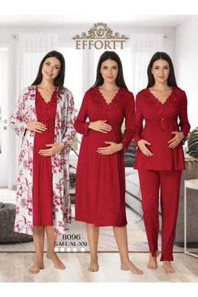 Kadın Kırmızı Hamile Lohusa Gecelik Sabahlık Pijama Takımı 4'lü Set 8096-2