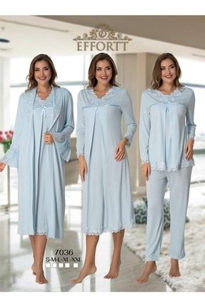 Kadın Mavi Hamile Lohusa Gecelik Sabahlık Pijama Takımı 4'lü Set 7036-2