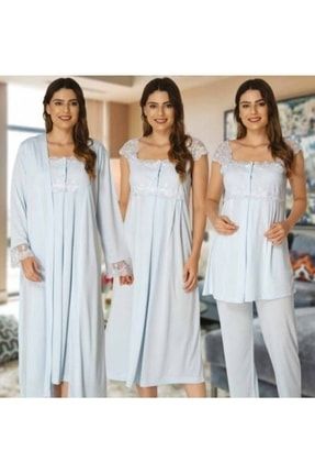 Kadın Mavi Sabahlıklı Lohusa Pijama Takımı Ve Gecelik 2305 2305MAVİM