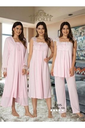 Kadın Pembe Hamile Lohusa Gecelik Sabahlık Pijama Takımı 4'lü Set 2305-3