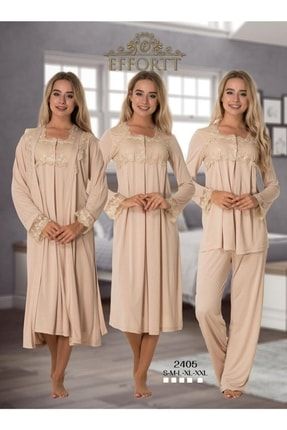 Kadın Sütlü Kahve Hamile Lohusa Gecelik Sabahlık Pijama Takımı 4'lü Set 2405-2