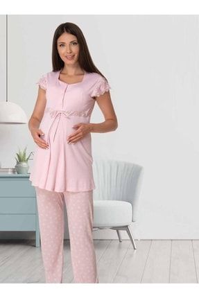 Dantel Ve Fiyonk Detaylı Desenli Pembe Renk Pijama Takımı EFFORT 6012