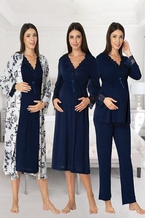 Kadın Lacivert Effort Pembe Uzun Kollu Pijama Takımı Gecelik Sabahlık Lohusa Hamile 4'lü Set 8096