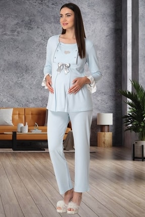 Mavi Emzirme Özellikli Lohusa Pijama Takımı mc-5529