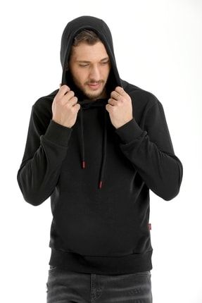 Basic Sweatshirt Kapüşonlu Içi Polarlı Siyah Standart Kalıp 4348-HOODIE
