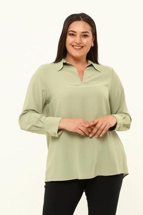 Kadın Büyük Beden Jesica Kumaş Yeşil Renk Yaka Ve Manşet Taş Detaylı Bluz P41222