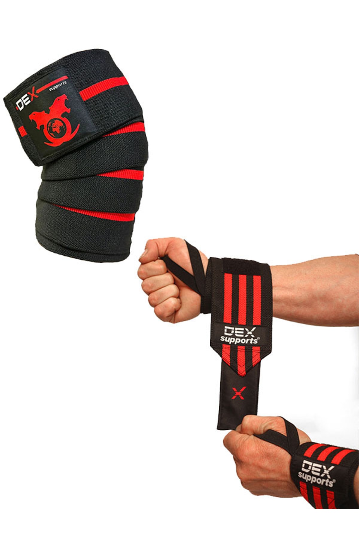Dex Supports Lasting Energy Kırmızı Knee Wraps Spor Dizlik , Spor Bileklik Wrist Wraps 2'li Set