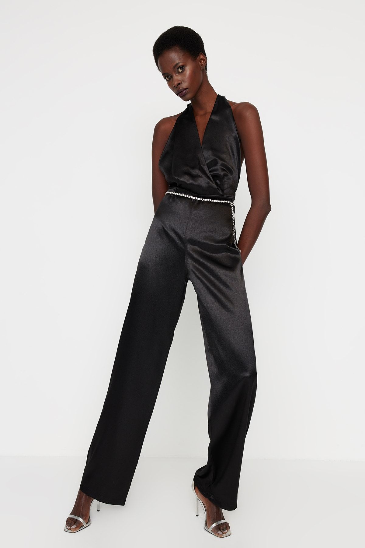 Halter-neck satin jumpsuit