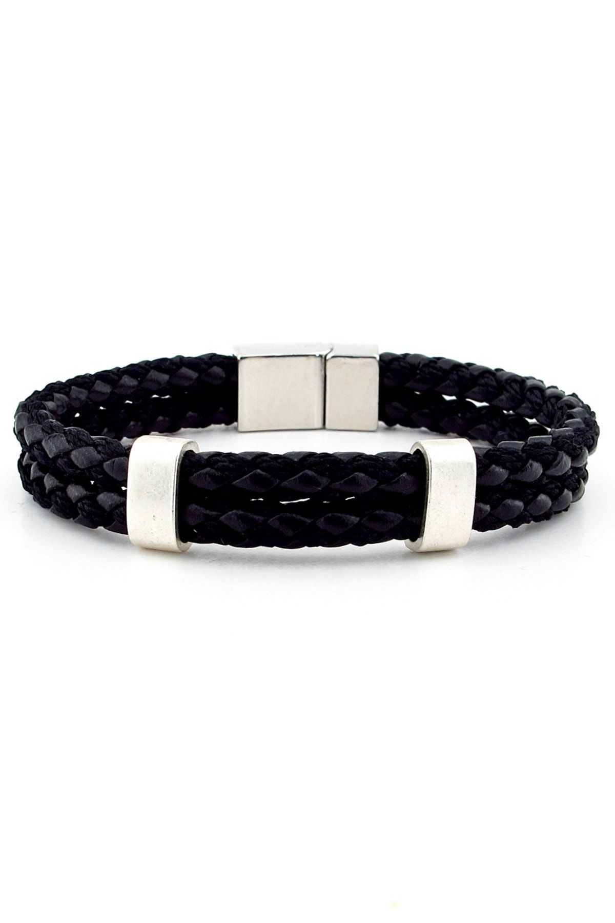 Solfera-Metal Clip Two Rows Black Braid Leather Men's Bracelet M039a 1