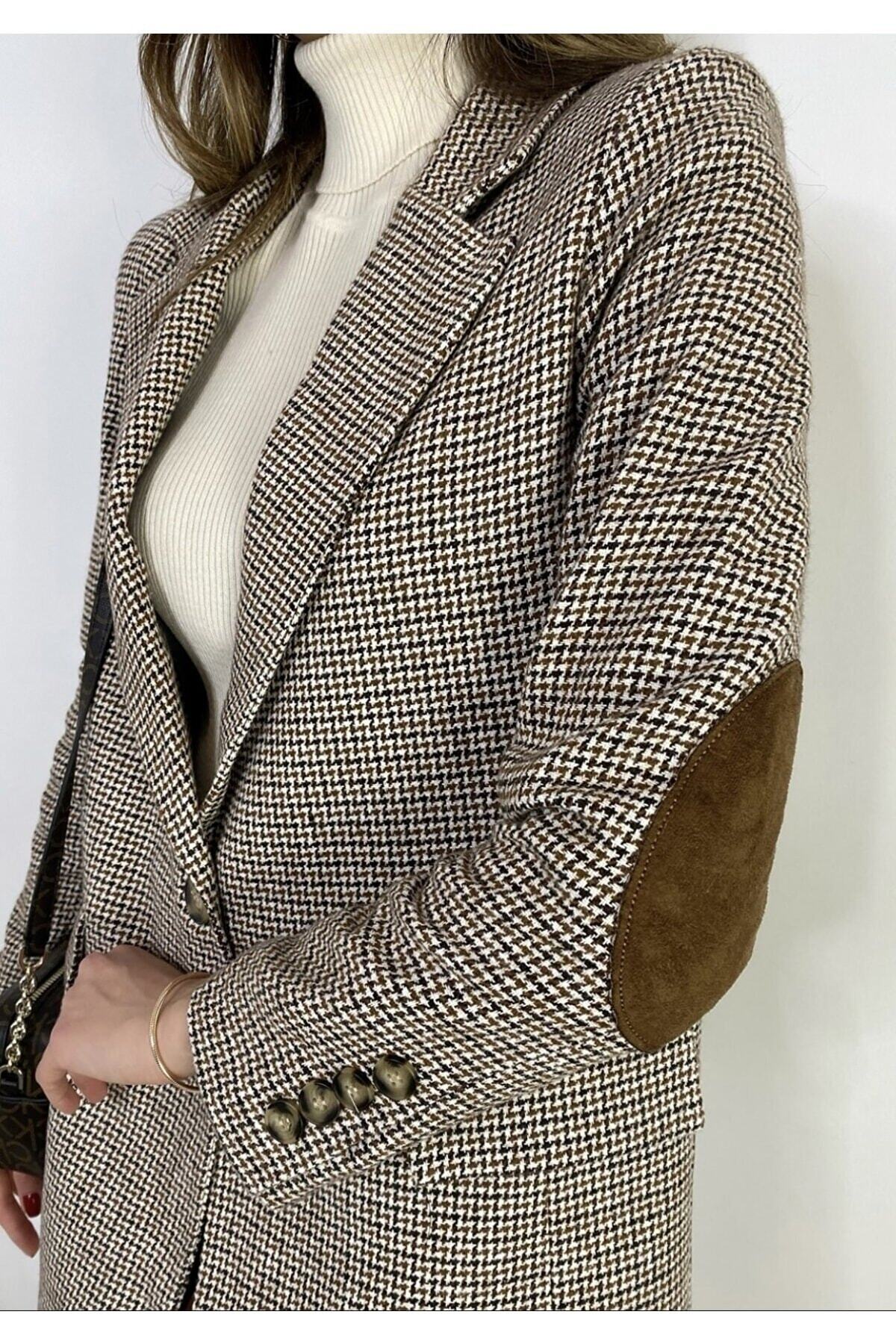 Lady Pixie  Kahverengi Astarlı Dirsek Detaylı Tek Düğme Kruvaze Blazer Ceket - Görsel 4