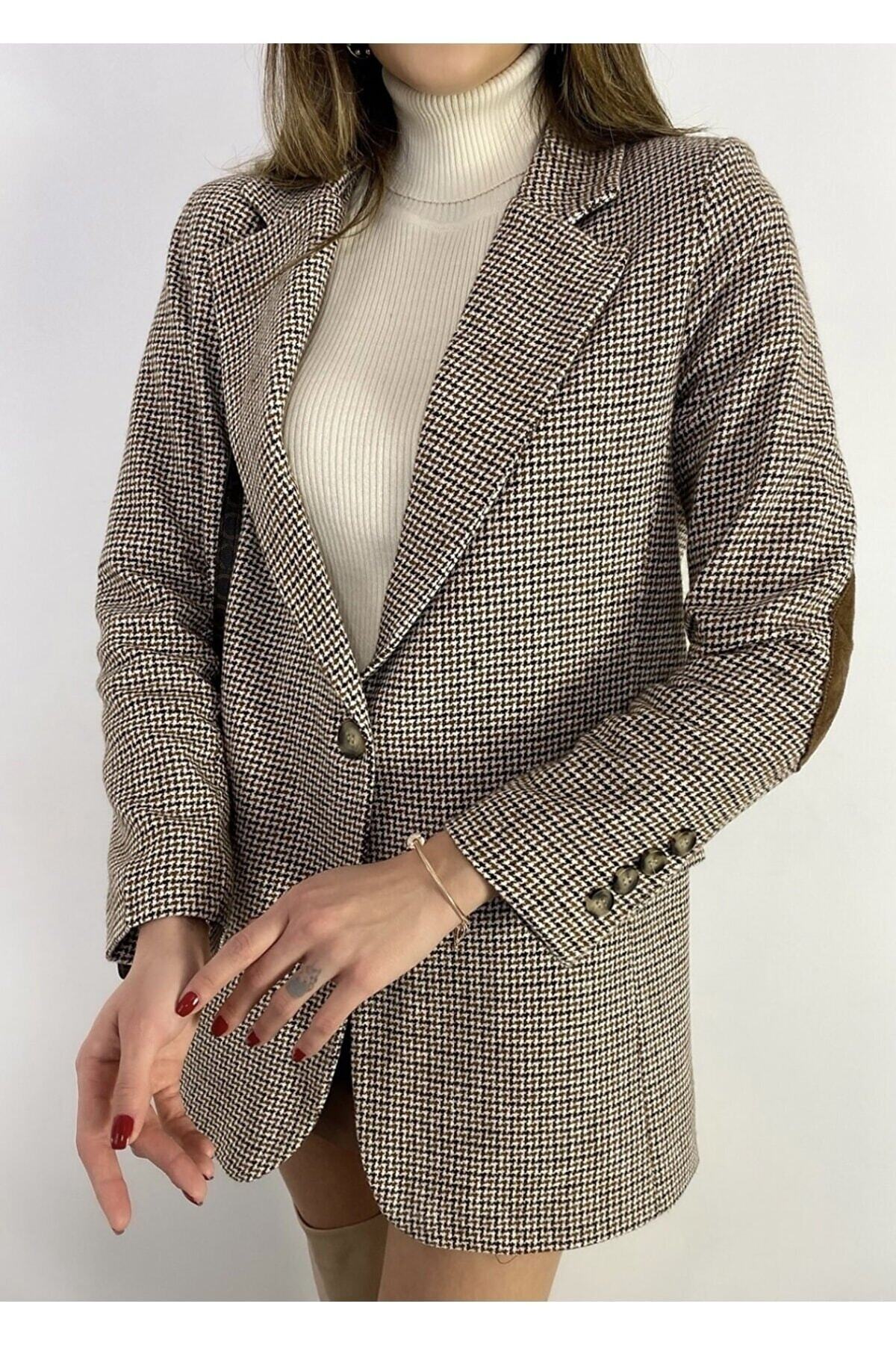 Lady Pixie  Kahverengi Astarlı Dirsek Detaylı Tek Düğme Kruvaze Blazer Ceket - Görsel 5