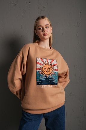 Kadın Vizon Güneş Baskılı Oversize Sweatshirt TS-GUNESBSKI