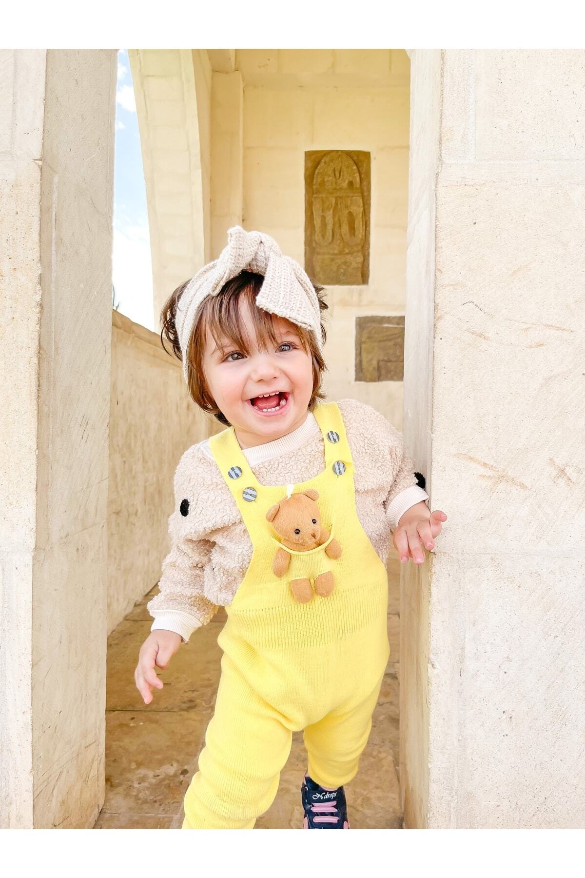Teddy Bear Buttoned Baby Kids Knitwear Dungaree Yellow