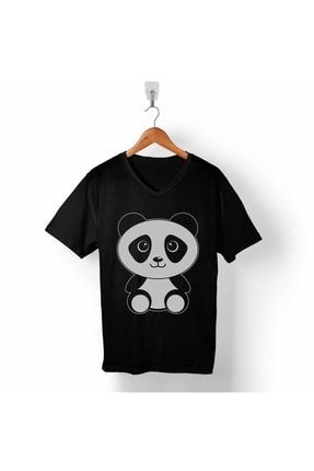 Erkek Siyah Panda Aşkı Heart Love Kalp Ayı Bear V Yaka Tişört T05S3000
