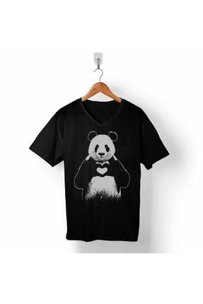 Erkek Siyah Panda Aşkı Bear Heart Love Kalp Romantik Ayı V Yaka Tişört T05S3088