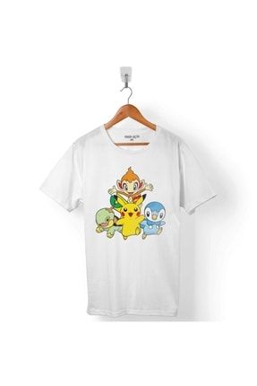 Erkek Beyaz Pokemon Pıkachu Chımchar Pıplup Turtwıg Baskılı T-shirt T01B2582