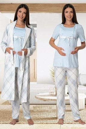 Effortt Ekose Sabahlıklı Lohusa 3'lü Pijama Takım 6024-E