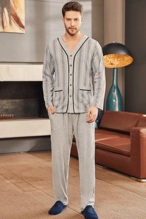 Erkek Gri Önden Düğmeli Pijama Takımı - 2758