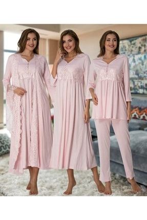 Pijama Lohusa Hamile Sabahlıklı Gecelik Pijama Takımı 4'lü Set 3014