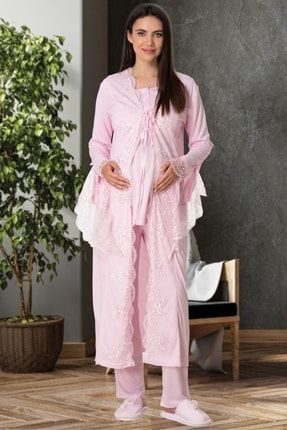 Mecit 5563 Pembe Dantelli Sabahlıklı Lohusa Pijama Takımı TYC00393606380