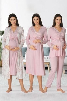 Lohusadunyasi Effort Pembe Uzun Kollu Pijama Takımı Gecelik Sabahlık Lohusa Hamile 4'lü Set 8096