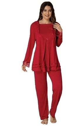 Kırmızı Bel Ayarlı Uzun Kollu Hamile Lohusa Pijama Takımı 2015