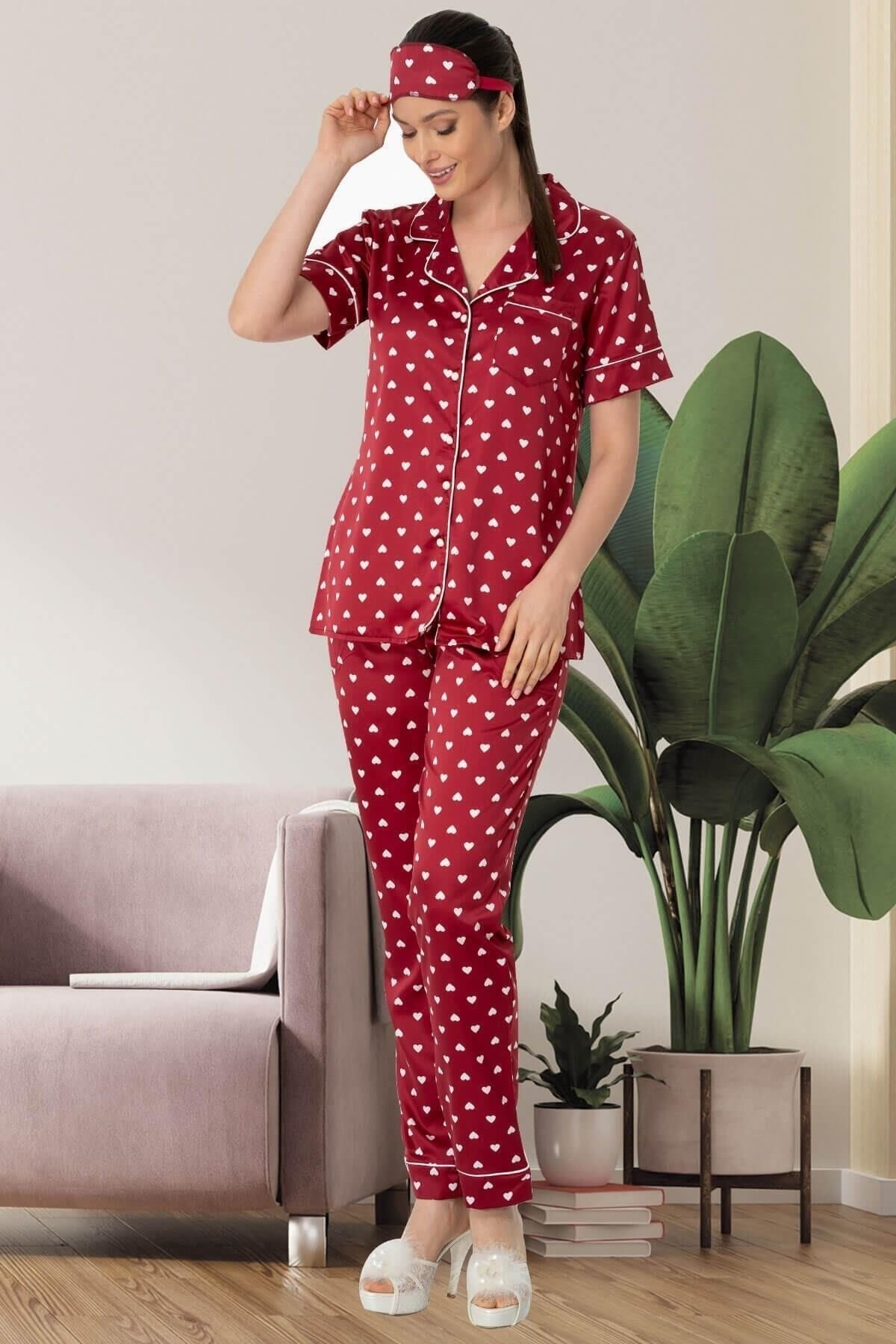 By Mecit Pijama Mecit Kalp Desenli Kırmızı Saten Pijama Takım 5476