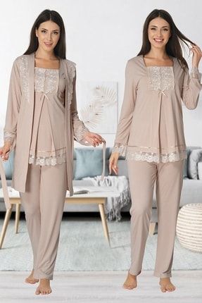 Kadın Vizon Dantel Etekli Pamuk Sabahlıklı Lohusa Hamile Pijama Takımı 3044