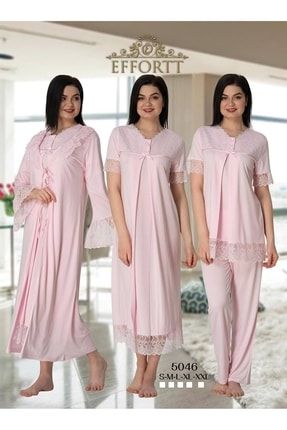Kadın Pembe Hamile Lohusa Güpür Gecelik Sabahlık Pijama Takımı 4'lü Set 5046-2