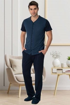 By Mecit 2775 Indigo Önden Düğmeli Büyük Beden Erkek Pijama Takımı 3425738