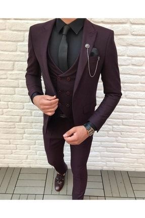 Erkek Bordo Dar Kesim Yelekli Takım Elbise (YAKA SÜSÜ-KRAVAT HEDİYE) VLCS-TKM-0001