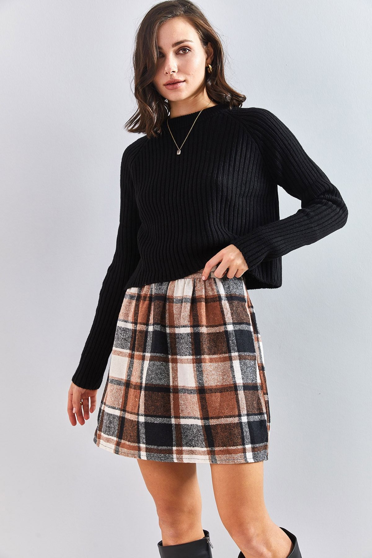 Bianco Lucci Women s Elastic Waist Plaid Pattern Skirt Trendyol