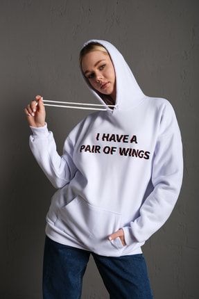 Kadın Beyaz Sırt Kanat Önü Slogan Baskılı Kapüşonlu Oversize Sweatshirt TW-SLGNWINGSKPSNSWT-T