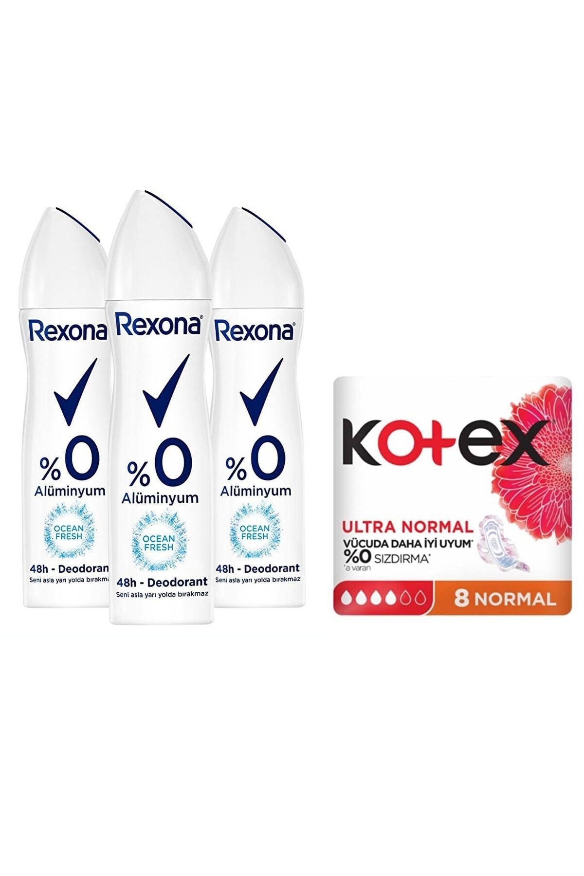 Rexona Kadın Sprey Dedorant Ocean Fresh %0 Alüminyum 150 Ml X3 + Kotex Ped Ultra Normal 8'li