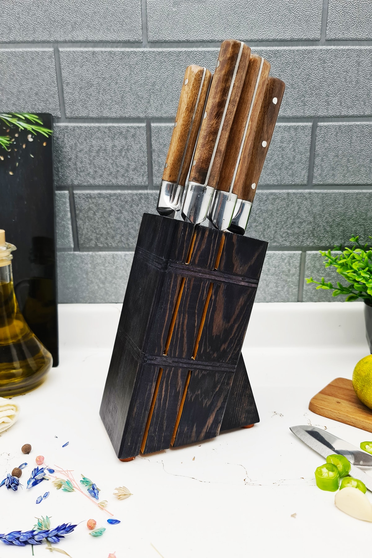 CASTLE KITCHEN Mutfak Bıçak Standı Stant Ahşap Bıçaklık Estetik Doğal Damarlı Ağaç Vernikli