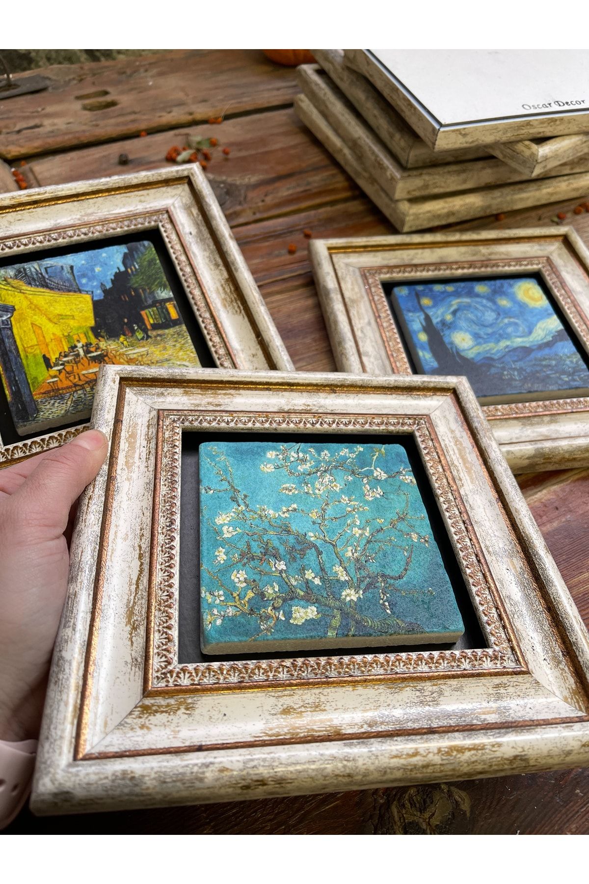 Oscar Stone Decor Çerçeveli Taş Duvar Dekoru Tablo 3'lü Set 20x20cm Vincent Van Gogh Yıldızlı Gece GX11970