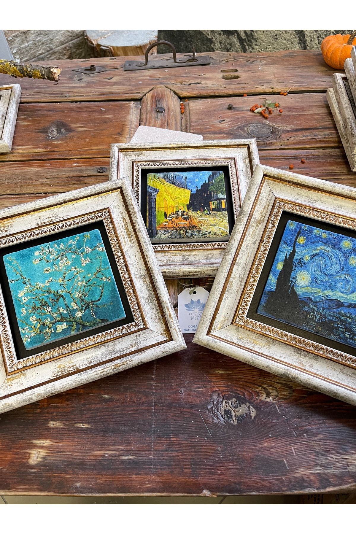 Oscar Stone Decor Çerçeveli Taş Duvar Dekoru Tablo 3'lü Set 20x20cm Vincent Van Gogh Yıldızlı Gece GX11970