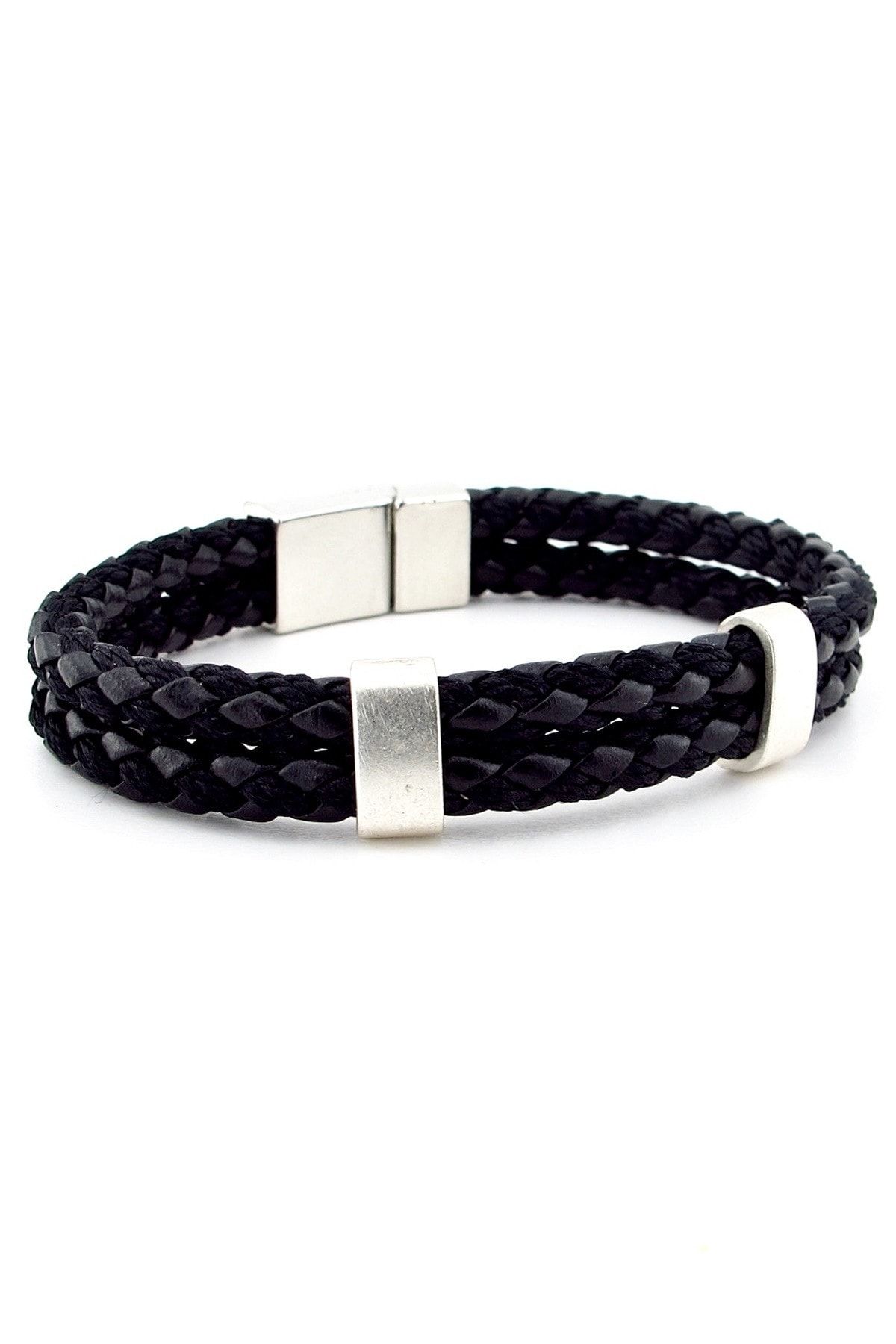 Solfera-Metal Clip Two Rows Black Braid Leather Men's Bracelet M039a 2
