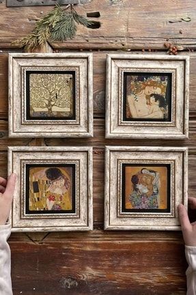 Çerçeveli Taş Tablo Duvar Dekoru 20x20cm 4'lü Set Gustav Klimt Tabloları 4-4CDD-556