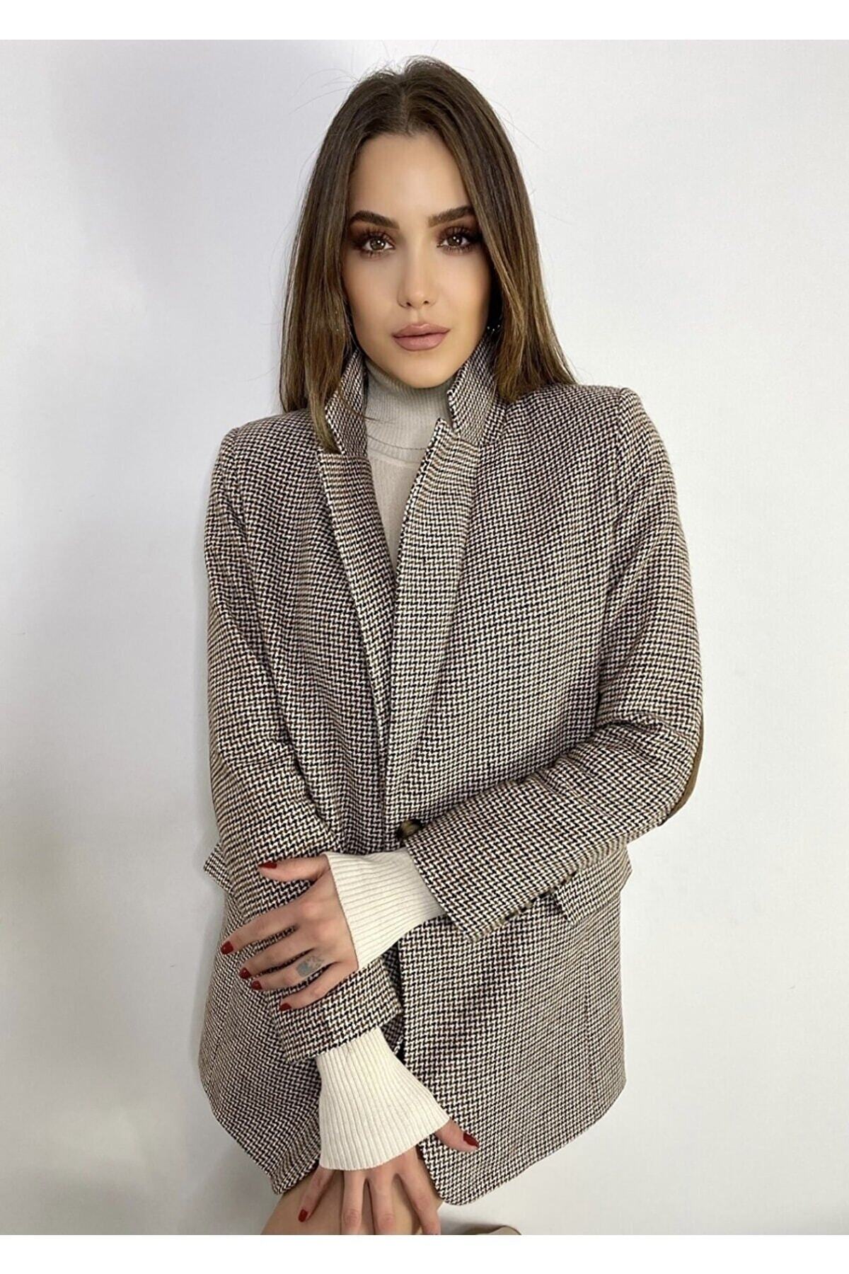 Lady Pixie  Kahverengi Astarlı Dirsek Detaylı Tek Düğme Kruvaze Blazer Ceket - Görsel 2